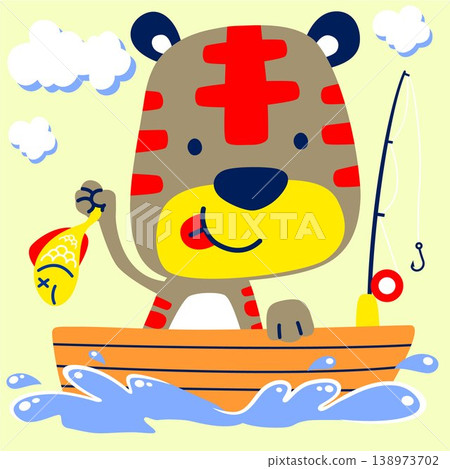 Little cat on boat fishing, vector cartoon illustration Little cat on boat fishing, vector cartoon illustration 138973702