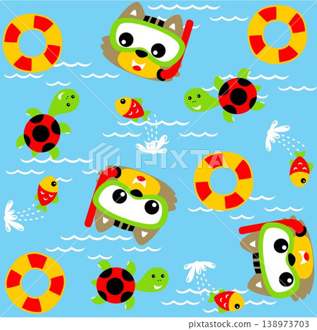 Marine animals with cat wearing diving goggles, pattern beach element background, vector cartoon illustration Marine animals with cat wearing diving goggles, pattern beach element background, vector cartoon illustration 138973703