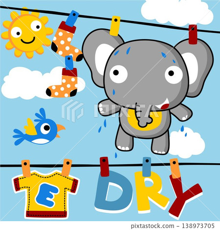 Drying clothes, cute elephant in clothesline with little bird, vector cartoon illustration Drying clothes, cute elephant in clothesline with little bird, vector cartoon illustration 138973705