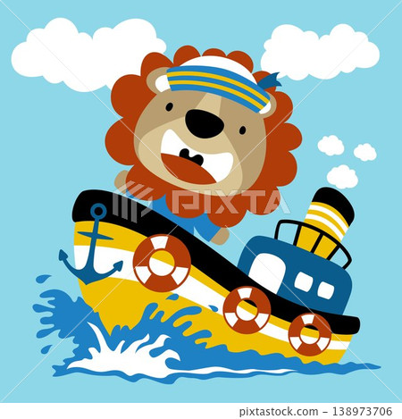 Funny lion on boat, vector cartoon illustration 138973706