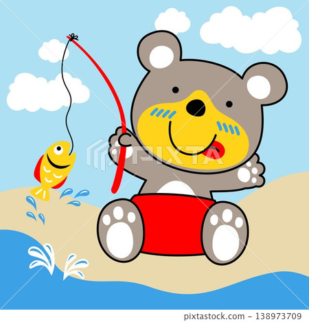Cute bear fishing, vector cartoon illustration 138973709