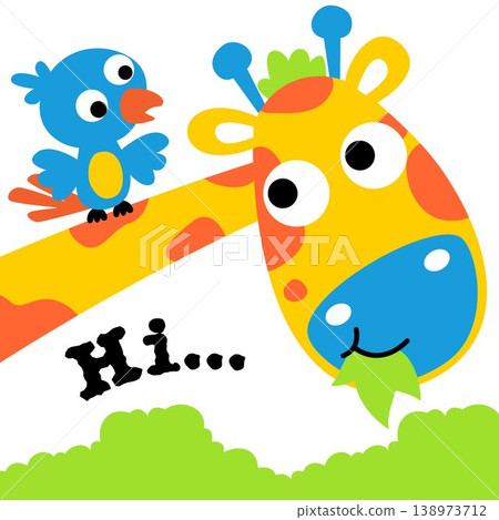 Little bird perching on giraffe's neck, vector cartoon illustration 138973712