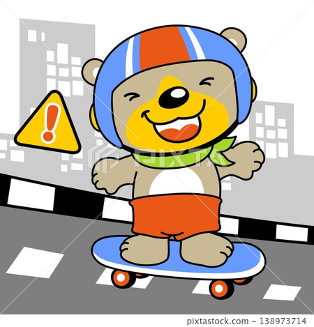 Cute bear playing skateboard in the road on buildings background ,vector cartoon illustration Cute bear playing skateboard in the road on buildings background ,vector cartoon illustration 138973714