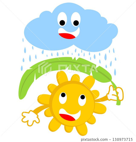 Smiling sun take shelter from rain using banana leaf, rainy season with funny cloud, vector cartoon illustration 138973715