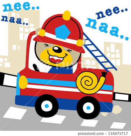 Cute bear driving firetruck on city road, vector cartoon illustration Cute bear driving firetruck on city road, vector cartoon illustration 138973717