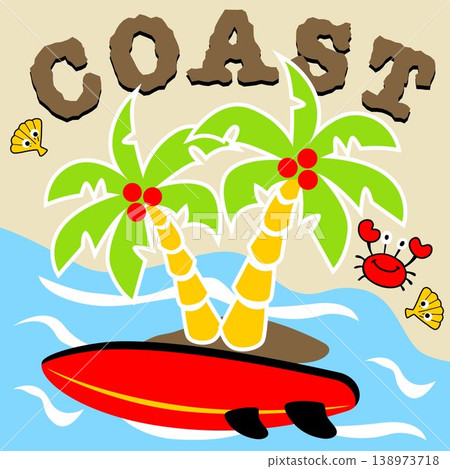 Surfboard under coconut tree, marine animals in the coast, vector cartoon illustration Surfboard under coconut tree, marine animals in the coast, vector cartoon illustration 138973718