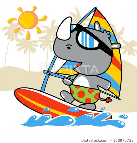 Cute rhino playing windsurf in the coast, vector cartoon illustration Cute rhino playing windsurf in the coast, vector cartoon illustration 138973722