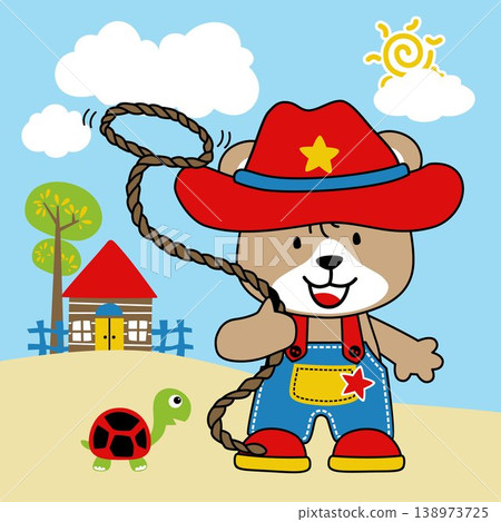 Vector illustration of cartoon little bear in cowboy costume playing lasso Vector illustration of cartoon little bear in cowboy costume playing lasso 138973725