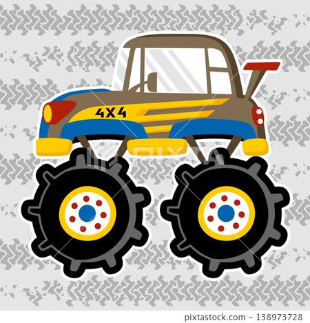 Monster truck on tire tracks background, vector cartoon illustration Monster truck on tire tracks background, vector cartoon illustration 138973728