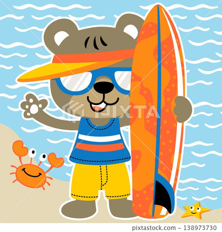Cute bear holding surfboard with marine animals in the beach, vector cartoon illustration Cute bear holding surfboard with marine animals in the beach, vector cartoon illustration 138973730