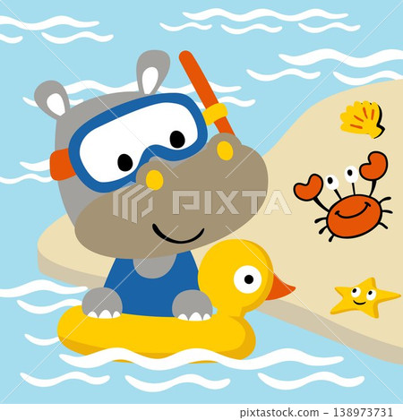 Cute rhino wearing diving goggles on inflatable ring duck with marine animals in the beach, vector cartoon illustration 138973731