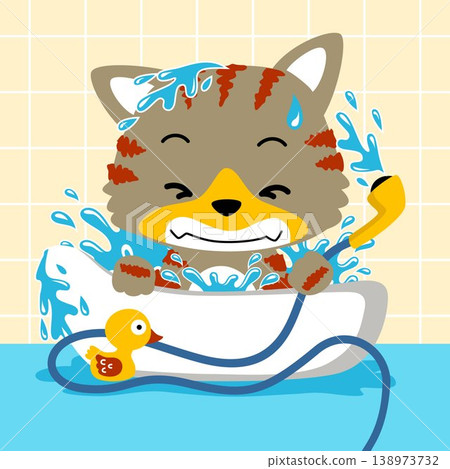 Funny cat holding water hose on bathtub in the bathroom, vector cartoon illustration Funny cat holding water hose on bathtub in the bathroom, vector cartoon illustration 138973732