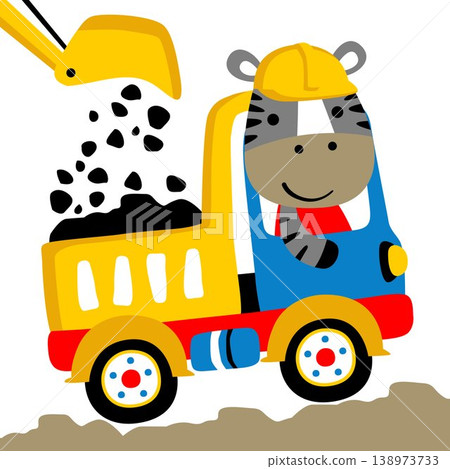 Cute zebra driving dump truck, backhoe loading coal, vector cartoon illustration 138973733