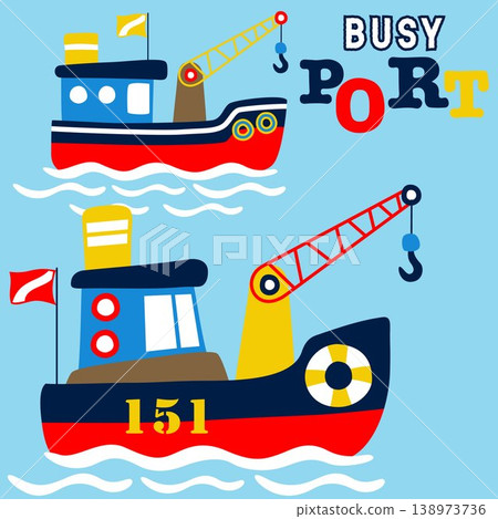 Tugboat in the port, vector cartoon illustration Tugboat in the port, vector cartoon illustration 138973736