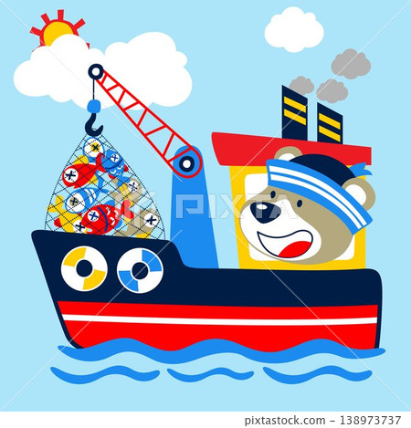 Funny bear on fishing boat with lots of fish caught, vector cartoon illustration Funny bear on fishing boat with lots of fish caught, vector cartoon illustration 138973737