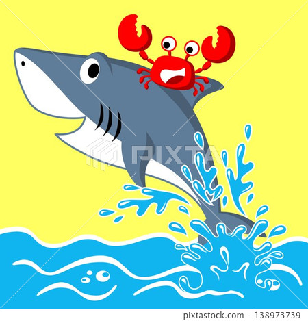 Funny crab riding shark 138973739