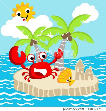 Crab and shellfish build sand castle in small island, smiling sun behind clouds, vector cartoon illustration Crab and shellfish build sand castle in small island, smiling sun behind clouds, vector cartoon illustration 138973743