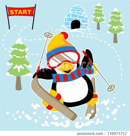 cute penguin skiing, snow land elements, vector cartoon illustration 138973752
