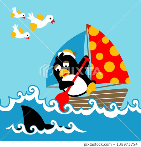 Penguin on sailboat attacked by shark, flock of bird flying, vector cartoon illustration 138973754