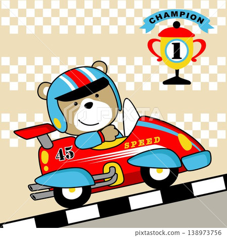 Funny bear driving racing car, race car elements, vector cartoon illustration 138973756