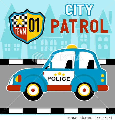 police car in city road on buildings background, vector cartoon illustration police car in city road on buildings background, vector cartoon illustration 138973761