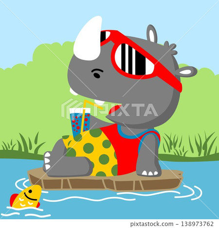 Cute rhino holding soft drink wearing eyeglasses relaxing in the swamp with a fish, vector cartoon illustration Cute rhino holding soft drink wearing eyeglasses relaxing in the swamp with a fish, vector cartoon illustration 138973762