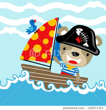 Cute bear in pirate costume on sailboat with a bird, vector cartoon illustration Cute bear in pirate costume on sailboat with a bird, vector cartoon illustration 138973763