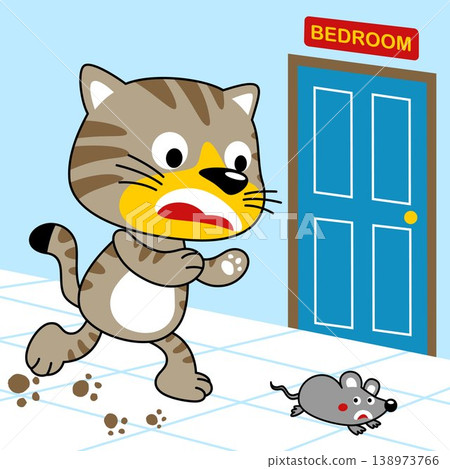 Funny cat hunting a mouse in a home, vector cartoon illustration Funny cat hunting a mouse in a home, vector cartoon illustration 138973766