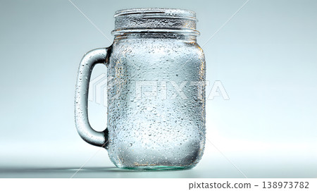 Clear glass jar mason jar water droplet condensation glass mug handle transparent cool drink refreshment closeup still life clear glass jar with handle covered water droplet and condensation 138973782
