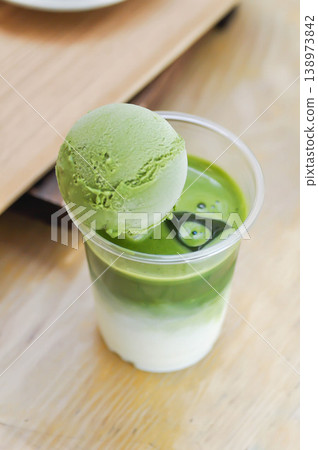 iced green tea, iced green tea latte or iced matcha or iced matcha green tea or iced matcha green tea latte with matcha ice cream iced green tea, iced green tea latte or iced matcha or iced matcha green tea or iced matcha green tea latte with matcha ice cream 138973842