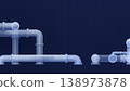 Technical 3d render of industrial metal pipes, flanges on a blue blueprint background. 138973878