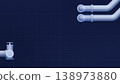 Professional 3d render showing industrial metal pipes on blue blueprint with grid lines. 138973880