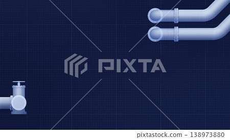 Professional 3d render showing industrial metal pipes on blue blueprint with grid lines. 138973880