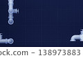 Technical 3d render of industrial pipe sections in wireframe style, blue blueprint background. 138973883