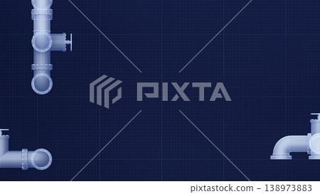 Technical 3d render of industrial pipe sections in wireframe style, blue blueprint background. Technical 3d render of industrial pipe sections in wireframe style, blue blueprint background. 138973883