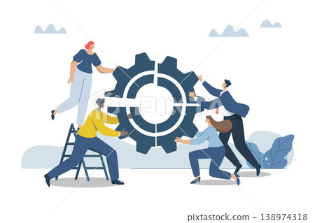 Connecting business mechanisms, Partnering to increase organizational efficiency, Working together as a team to succeed, Business men and women work together to connect gears or cogs wheel together. Connecting business mechanisms, Partnering to increase organizational efficiency, Working together as a team to succeed, Business men and women work together to connect gears or cogs wheel together. 138974318