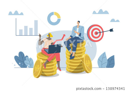 Management team with vision, have all round abilities and are successful in their careers, Achieve the goal, Businessman and woman sitting on a big pile of gold coins or money. Vector illustration. Management team with vision, have all round abilities and are successful in their careers, Achieve the goal, Businessman and woman sitting on a big pile of gold coins or money. Vector illustration. 138974341