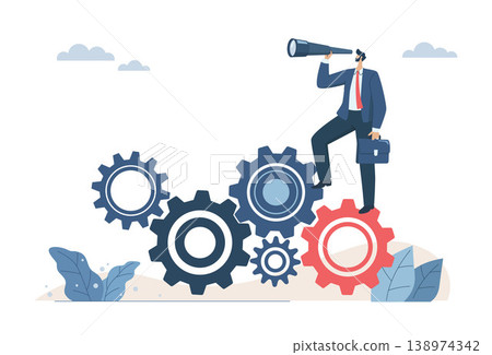 Leaders or executives who have vision, Leadership to drive the team and start production, Planning ideas for effective business strategies, Businessman looking through telescope on gear or cogwheel. 138974342