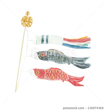 可愛的水彩手繪鯉魚飄帶插圖 138974369