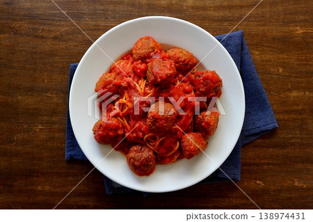 Meatball pasta with a table background viewed from directly above. 138974431