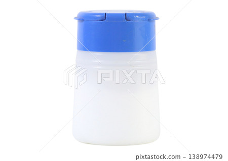 Isolated small white plastic bottle with blue flip top cap on transparent background. Isolated small white plastic bottle with blue flip top cap on transparent background. 138974479