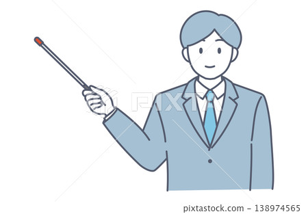 Line drawing illustration of a businessman using a pointer stick during a presentation. Line drawing illustration of a businessman using a pointer stick during a presentation. 138974565