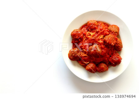 Meatball pasta on a white background, viewed from directly above. Meatball pasta on a white background, viewed from directly above. 138974694