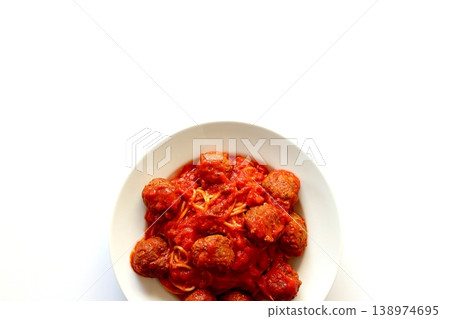 Meatball pasta on a white background, viewed from directly above. 138974695