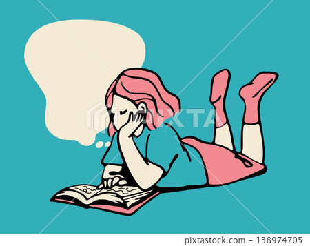 A girl lying down and reading a book - reading time 138974705