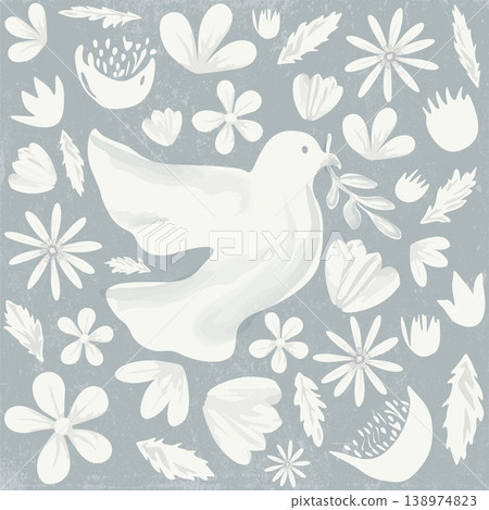 Peace dove carrying olive branch with various flowers white color hand drawn childish style on gray square background Peace dove carrying olive branch with various flowers white color hand drawn childish style on gray square background 138974823