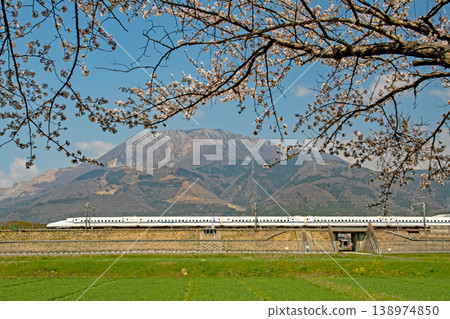 Under a clear blue sky, the Tokaido Shinkansen N700S runs along the foot of Mount Ibuki, where the cherry blossoms are in full bloom. Under a clear blue sky, the Tokaido Shinkansen N700S runs along the foot of Mount Ibuki, where the cherry blossoms are in full bloom. 138974850