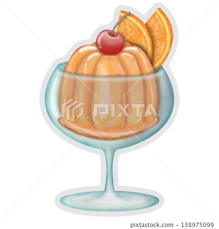 Cartoon Jelly Dessert sticker collection set. Cute orange colors. Can be used for card, invitation, border. Isolated illustration of decoration elements, hand drawn cartoon illustration. Cartoon Jelly Dessert sticker collection set. Cute orange colors. Can be used for card, invitation, border. Isolated illustration of decoration elements, hand drawn cartoon illustration. 138975099