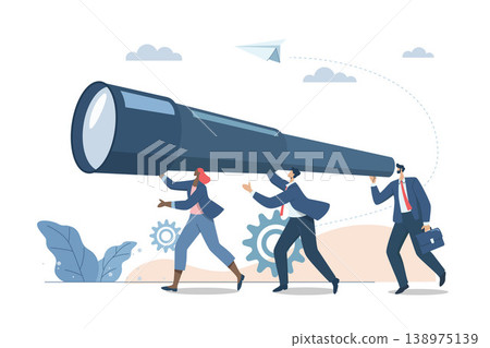 Effective business teamwork in an organization or company, Searching for new goals or searching for new technological innovations, Business team holding big binoculars for target analysis. Vector. Effective business teamwork in an organization or company, Searching for new goals or searching for new technological innovations, Business team holding big binoculars for target analysis. Vector. 138975139