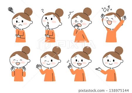 一組描繪一位頭髮盤成髮髻的女士的插圖。 138975144